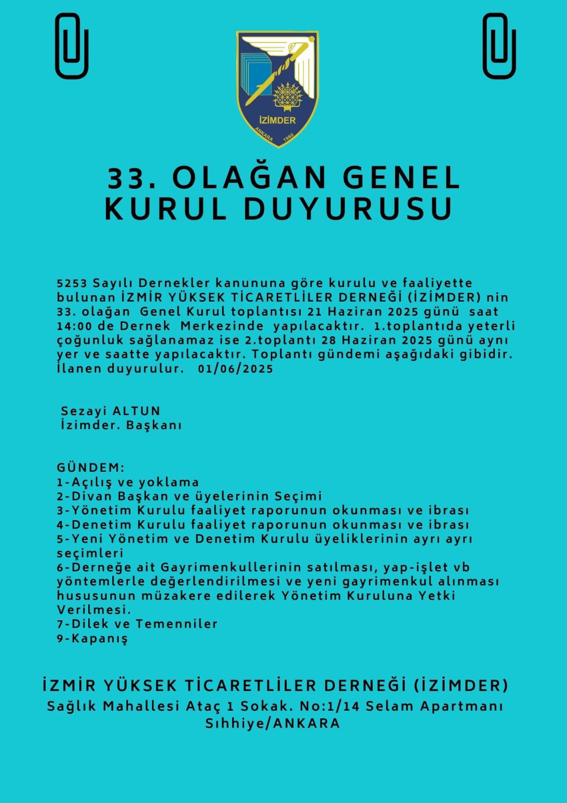 33.Olagan Genel Kurul Duyurusu